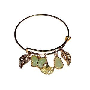 Gold and Green Stone Charm Adjustable Bangle Bracelet